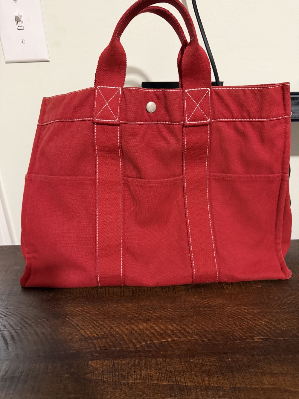Hermes Red Canvas Tote with Exterior Pocket Details